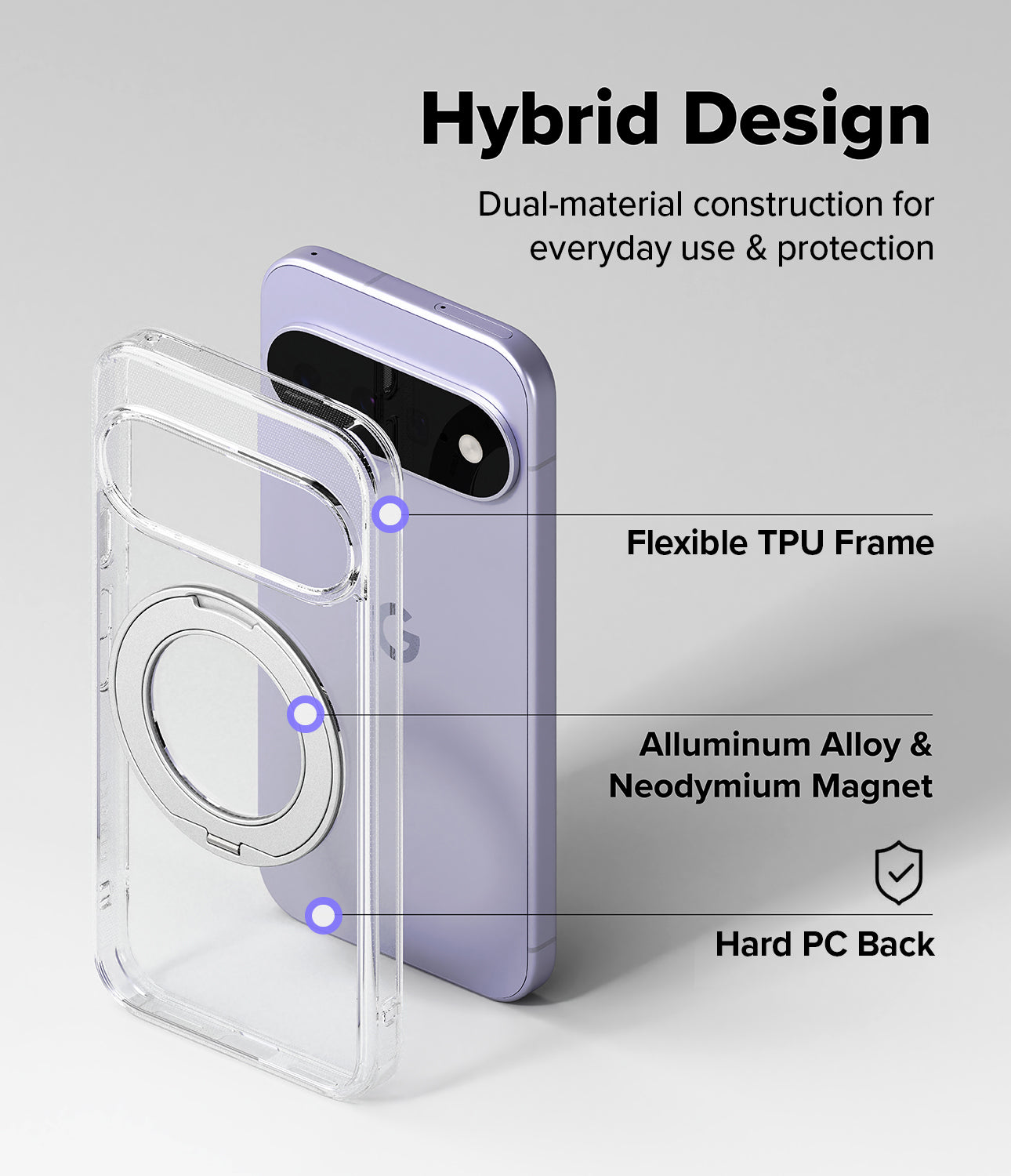 Google Pixel 11 Case | Fusion Ring - Clear hybrid phone case with a silver magnetic ring and metallic hard back, shown next to a lavender phone for demonstration. The image includes text labels pointing to the flexible TPU frame, aluminum alloy and neodymium magnet, and hard PC back under the heading 'Hybrid Design'.