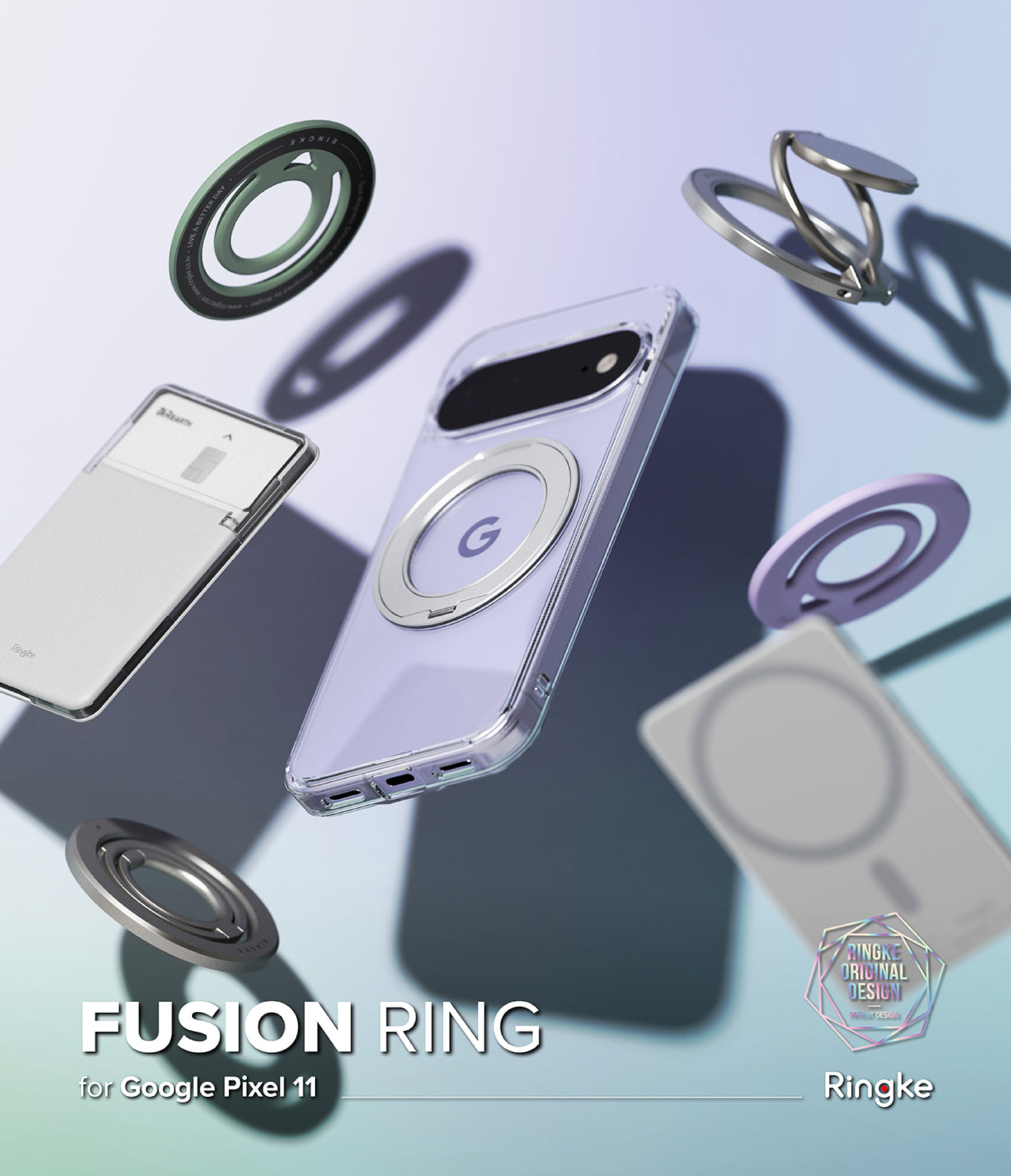 Google Pixel 11 Case | Fusion Ring - A promotional render showing a clear phone case with a circular magnetic ring and a silver metal ring stand, alongside matching magnetic dock pieces, floating over a pale blue gradient background. Text at the bottom reads 'FUSION RING for Google Pixel 11' and 'Ringke'.