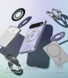 Google Pixel 11 Case | Fusion Ring - A promotional render showing a clear phone case with a circular magnetic ring and a silver metal ring stand, alongside matching magnetic dock pieces, floating over a pale blue gradient background. Text at the bottom reads 'FUSION RING for Google Pixel 11' and 'Ringke'.