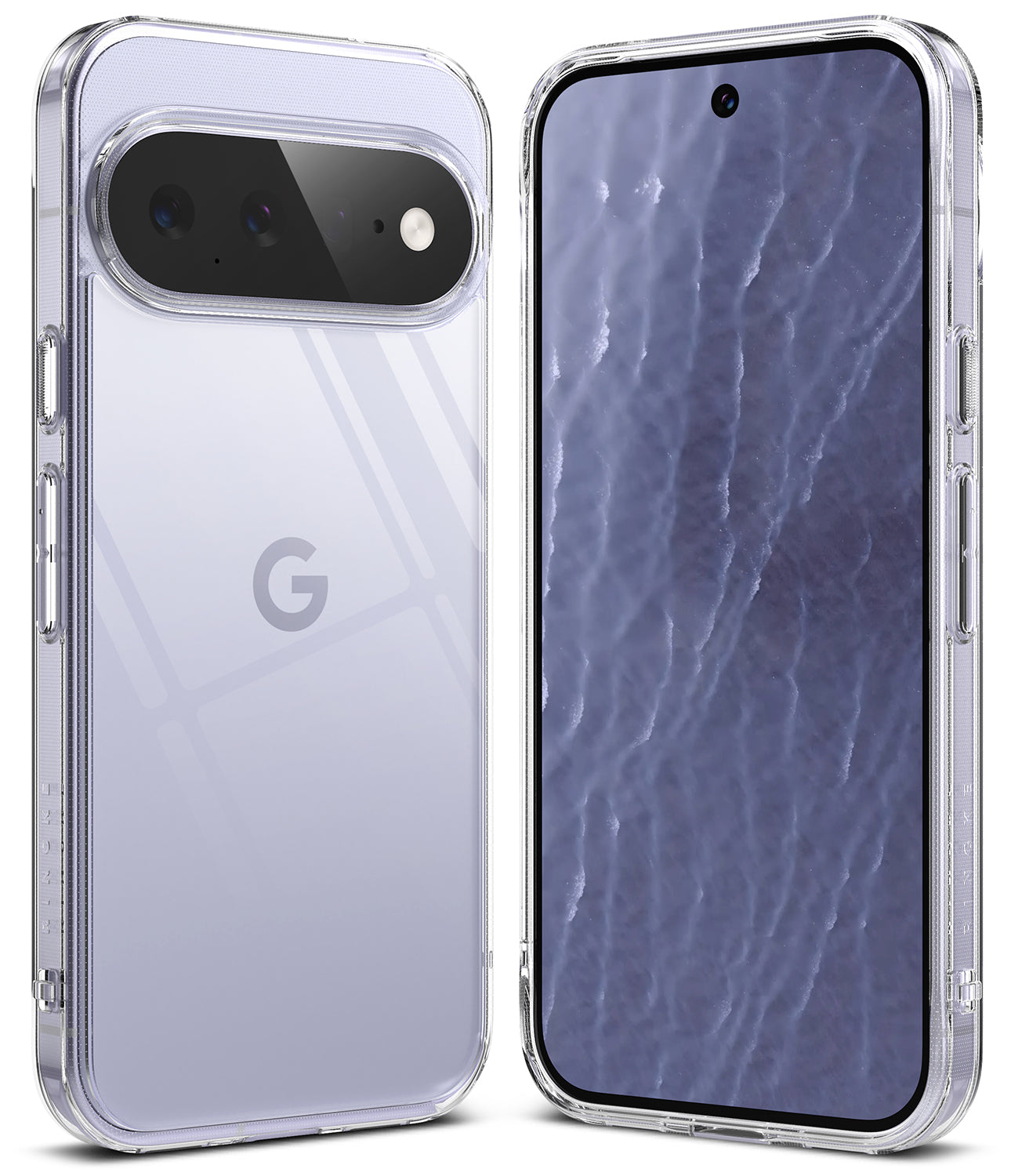 Google Pixel 11 Case | Fusion - Two clear smartphone cases shown on phones against a white background, with one phone displaying the back view and the other showing the front view through the case.
