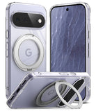 Google Pixel 11 Case | Fusion Ring - A clear protective phone case with a built-in circular MagSafe-compatible ring and kickstand, shown on a silver smartphone from front, back, and side angles against a white background.