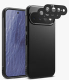 [Bundle] Google Pixel 11 | Onyx (BK) + Camera Protectors - Black textured phone case shown from the back and side, with three black camera lens protector pieces floating above the camera cutout on a light gray background.