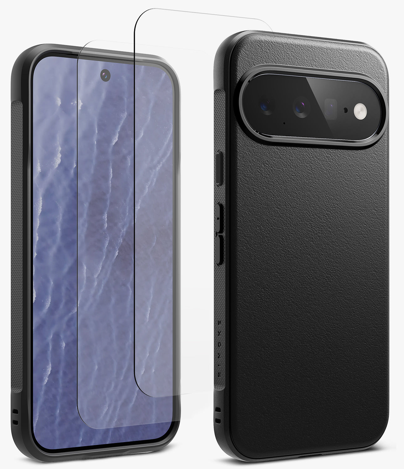 [Bundle] Google Pixel 11 | Onyx (BK) + Screen Protectors - A black textured smartphone case shown from the back alongside a matching clear screen protector positioned over the front view of the phone.