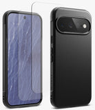 [Bundle] Google Pixel 11 | Onyx (BK) + Screen Protectors - A black textured smartphone case shown from the back alongside a matching clear screen protector positioned over the front view of the phone.