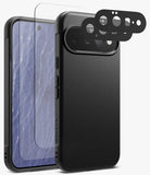 [Bundle] Google Pixel 11 | Onyx (BK) + Screen & Camera Protectors - Black textured phone case with a raised camera bumper, shown alongside a clear screen protector and a black camera lens protector film, on a light gray background.