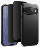 [Bundle] Google Pixel 11 | Onyx (BK) + 360° Privacy Protectors - Three views of a black textured phone case shown on a smartphone, including a rear view with a raised camera cutout and side button cutouts, plus two front screen protectors layered in front.