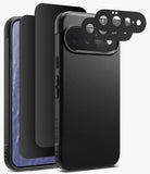 [Bundle] Google Pixel 11 | Onyx (BK) + 360° Privacy & Camera Protectors - Black textured phone case with a raised camera cutout, shown with two additional black protective film pieces behind it on a light gray background.