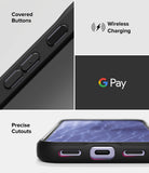 Google Pixel 11 Case | Onyx - A black protective smartphone case shown in a multi-panel feature graphic. The top-left panel shows a close-up of covered buttons with text reading 'Covered Buttons.