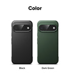 Google Pixel 11 Case | Onyx - Color options for a phone case shown on a white background, labeled 'Color' at the top. Two cases are displayed side by side: a textured black case on the left and a matte dark green case on the right, with 'Black' and 'Dark Green' text labels below.