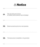 Google Pixel 11 Case | Onyx - A white notice sheet with black text and lines, headed 'Notice' with a warning icon. The text lists three points about camera protector removal, sold accessories, and third-party product compatibility.