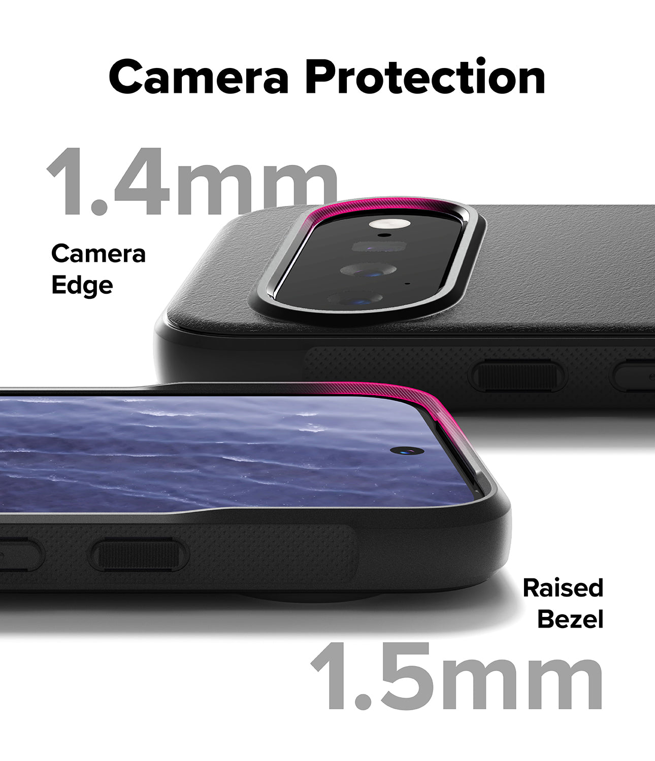 Google Pixel 11 Case | Onyx - Black phone camera protection case shown from the back and side, with text labels indicating 1.4mm camera edge and 1.5mm Raised Bezel