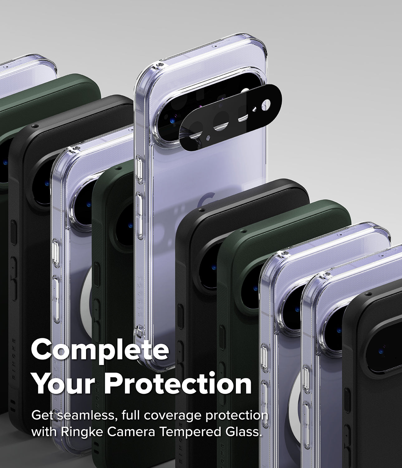 Google Pixel 11 Case | Onyx - A promotional render showing multiple smartphone cases in different colors arranged in a fan-like layout, with one clear case highlighted and a black camera guard piece shown in front. Large text reads 'Complete Your Protection' and smaller text says 'Get seamless, full coverage protection with Ringke Camera Tempered Glass.