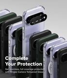 Google Pixel 11 Case | Onyx - A promotional render showing multiple smartphone cases in different colors arranged in a fan-like layout, with one clear case highlighted and a black camera guard piece shown in front. Large text reads 'Complete Your Protection' and smaller text says 'Get seamless, full coverage protection with Ringke Camera Tempered Glass.