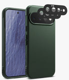 [Bundle] Google Pixel 11 | Onyx (GRN) + Camera Protectors - A dark green textured phone case shown on a smartphone, with three black camera lens protector pieces floating above the rear camera cutout on a light gray background.
