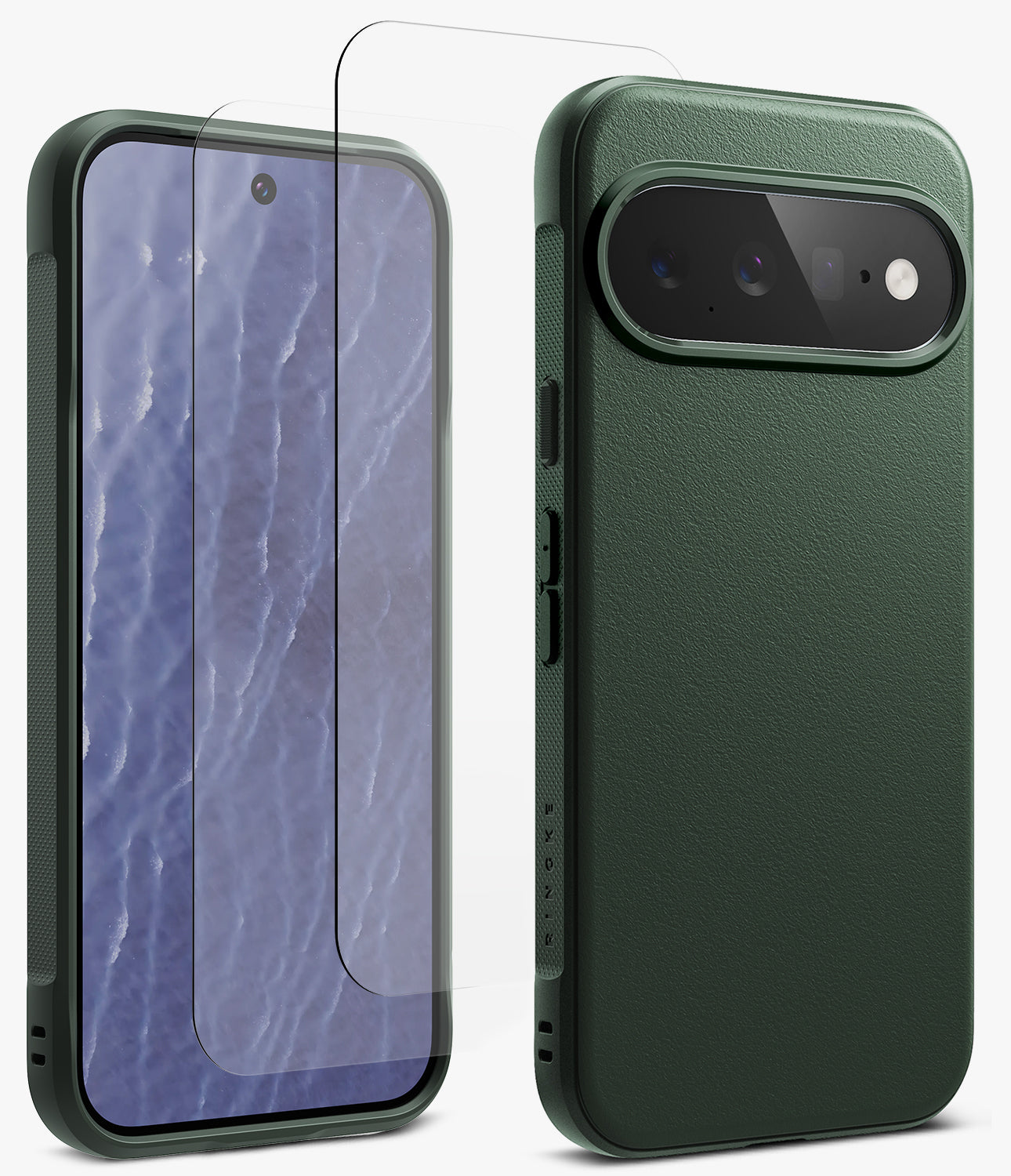 [Bundle] Google Pixel 11 Pro XL | Onyx (GRN) + Screen Protectors - A dark green textured phone case shown from the back alongside a matching clear tempered glass screen protector, displayed on a white background.