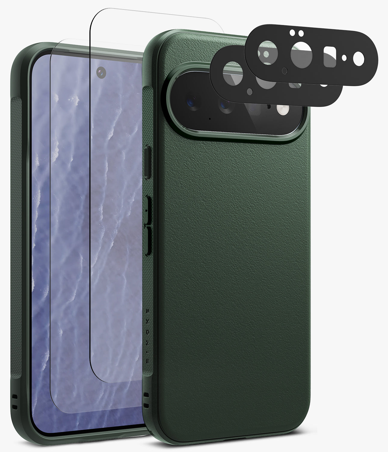 [Bundle] Google Pixel 11 | Onyx (GRN) + Screen & Camera Protectors - Black textured phone case with a raised camera bumper, shown alongside a clear screen protector and a black camera lens protector film, on a light gray background.