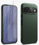 [Bundle] Google Pixel 11 | Onyx (GRN) + Screen Protectors - A dark green textured phone case shown from the back alongside a matching clear tempered glass screen protector, displayed on a white background.