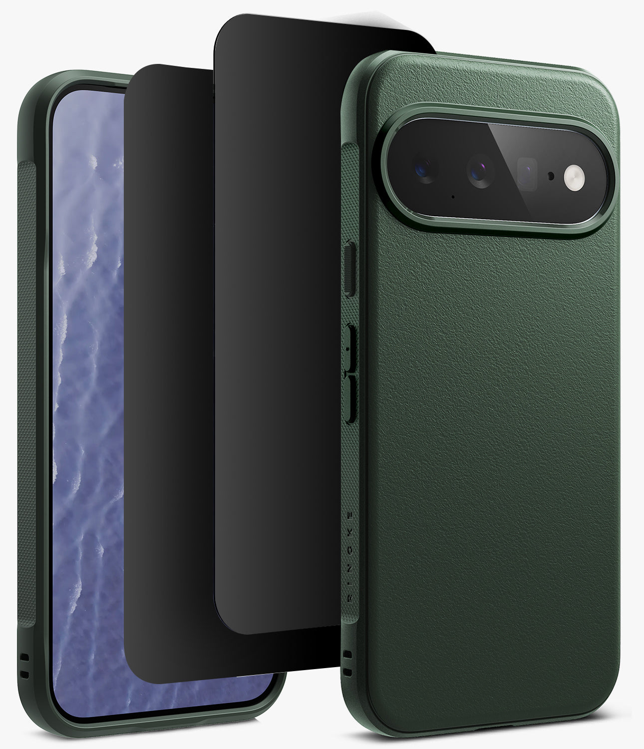 [Bundle] Google Pixel 11 | Onyx (GRN) + 360° Privacy Protectors - A dark green textured phone case shown with a black screen protector in front of it, on a clean white background.