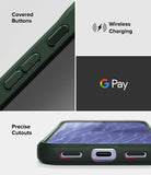 Google Pixel 11 Case | Onyx - A black protective smartphone case shown in a multi-panel feature graphic. The top-left panel shows a close-up of covered buttons with text reading 'Covered Buttons.