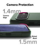 Google Pixel 11 Case | Onyx - Dark green phone camera protection case shown from two angles with text overlays indicating 1.4mm camera edge and 1.5mm Raised Bezel.