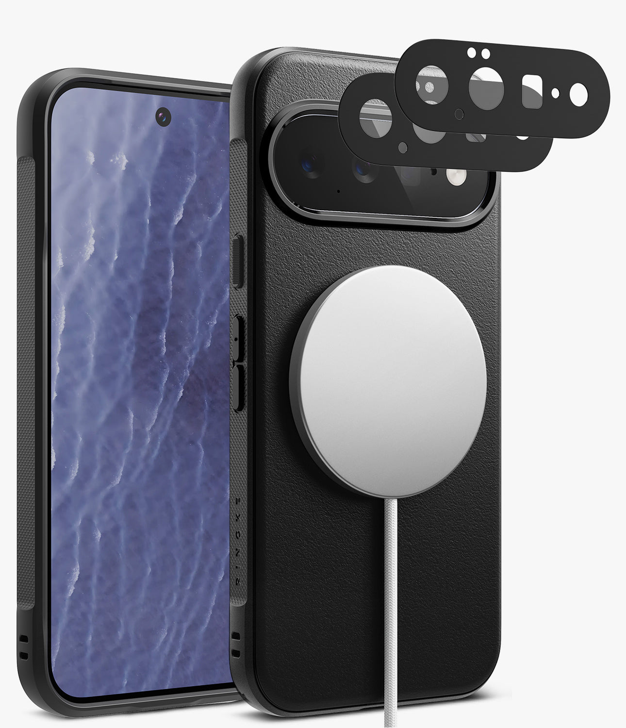 [Bundle] Google Pixel 11 | Onyx Magnetic (BK) + Camera Protectors - A black protective phone case with a textured leather-like finish, shown from the back with a MagSafe-style circular magnetic ring attached. A smartphone is visible inside the case, and three black camera lens protector pieces are floating above the camera cutout.