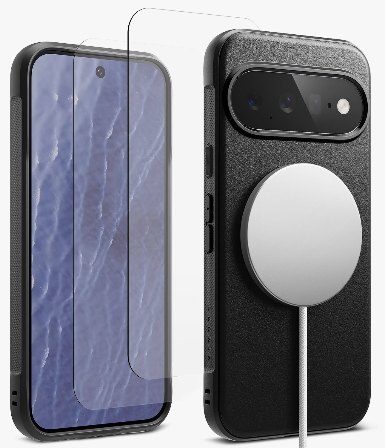 [Bundle] Google Pixel 11 Pro XL | Onyx Magnetic (BK) + Screen Protectors - Two smartphone cases shown on a clean white background: a transparent screen protector overlay on the left phone case, and a black textured case with a large circular MagSafe-compatible ring on the right phone case. No person, animal, or real environment is present.