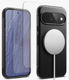 [Bundle] Google Pixel 11 Pro XL | Onyx Magnetic (BK) + Screen Protectors - Two smartphone cases shown on a clean white background: a transparent screen protector overlay on the left phone case, and a black textured case with a large circular MagSafe-compatible ring on the right phone case. No person, animal, or real environment is present.