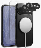 [Bundle] Google Pixel 11 | Onyx Magnetic (BK) + Screen & Camera Protectors - A black textured phone case with a large MagSafe-compatible circular ring, shown alongside a phone screen protector and three black camera lens protectors on a light gray background.
