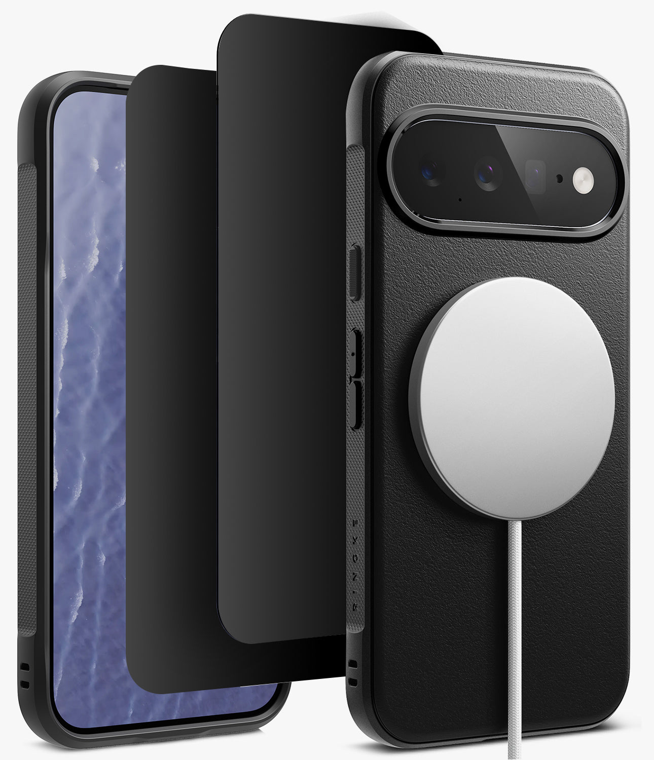 [Bundle] Google Pixel 11 | Onyx Magnetic (BK) + 360° Privacy Protectors - Black textured phone case with MagSafe compatibility, shown on a smartphone with a white charging cable attached, alongside a separate black screen protector and a second case view on a clean white background.