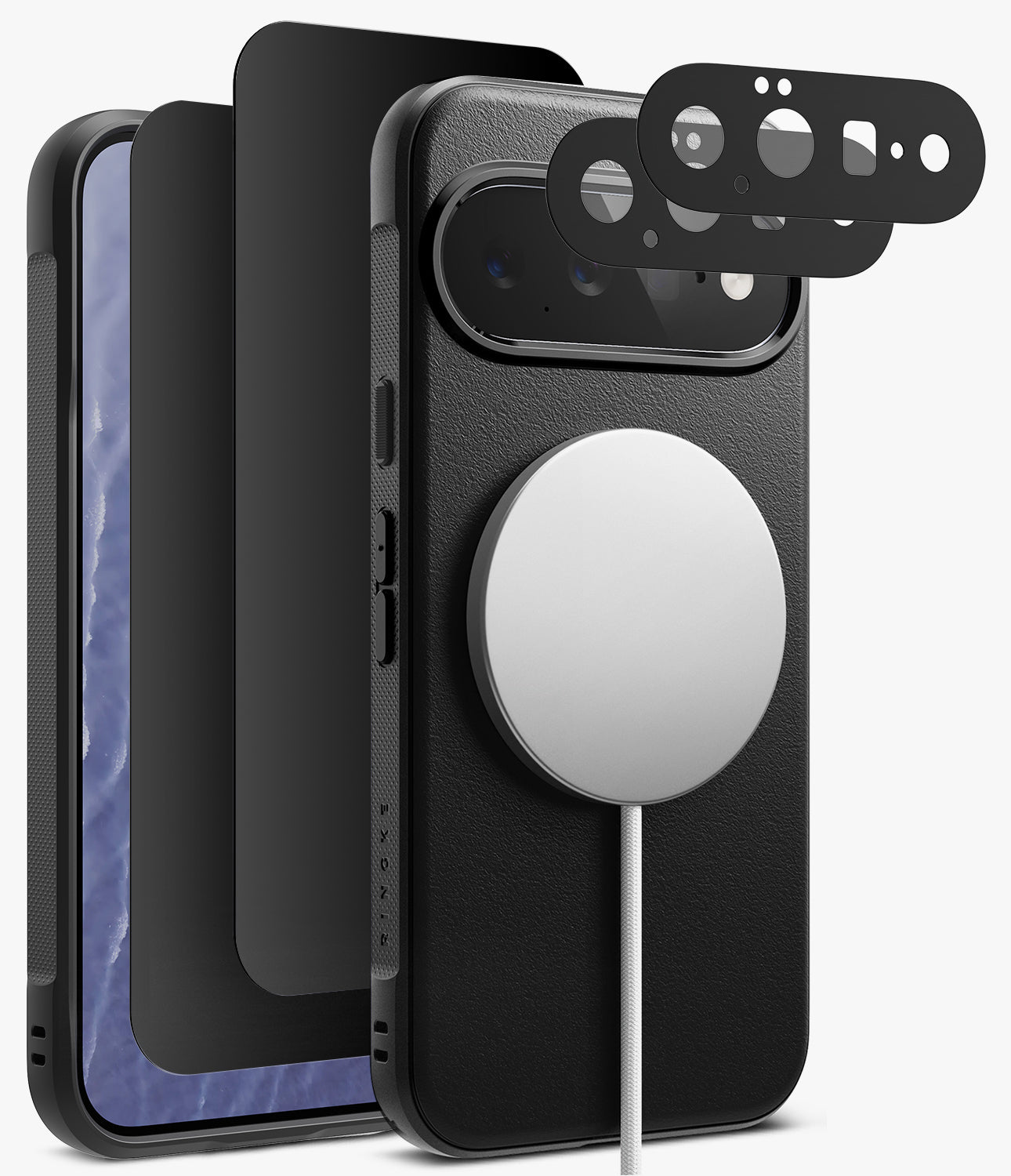 [Bundle] Google Pixel 11 | Onyx Magnetic (BK) + 360° Privacy & Camera Protectors - Black textured phone case with a MagSafe-compatible circular magnetic ring, shown with a smartphone inside and three black camera lens protector pieces floating above on a light gray background.