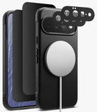 [Bundle] Google Pixel 11 | Onyx Magnetic (BK) + 360° Privacy & Camera Protectors - Black textured phone case with a MagSafe-compatible circular magnetic ring, shown with a smartphone inside and three black camera lens protector pieces floating above on a light gray background.
