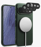 [Bundle] Google Pixel 11 Pro XL | Onyx Magnetic (GRN) + Camera Protectors - A dark green protective phone case shown from the front and back, with a white MagSafe-style magnetic ring attached to the back. Two black camera lens protectors are floating above the camera cutout area.