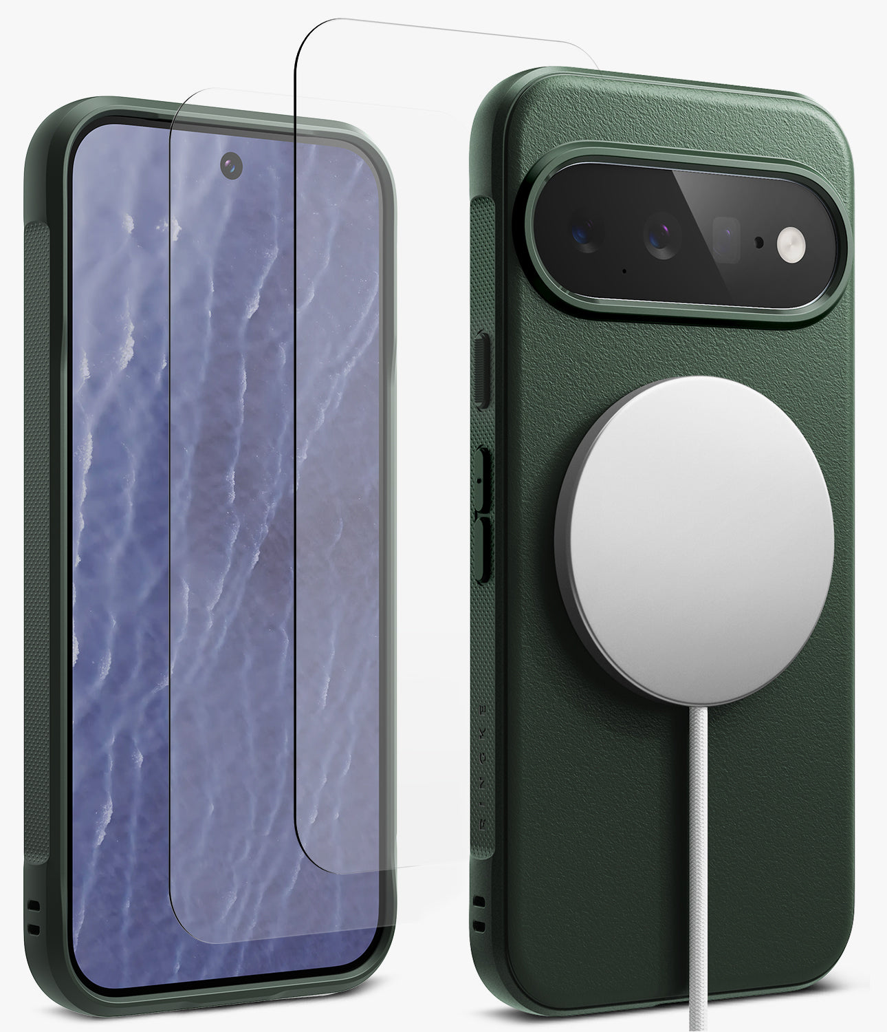 [Bundle] Google Pixel 11 Pro XL | Onyx Magnetic (GRN) + Screen Protectors - A dark green textured phone case shown from the back with a MagSafe-style magnetic ring attached, alongside a matching transparent screen protector displayed over the front view of the phone.