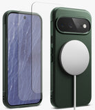 [Bundle] Google Pixel 11 Pro XL | Onyx Magnetic (GRN) + Screen Protectors - A dark green textured phone case shown from the back with a MagSafe-style magnetic ring attached, alongside a matching transparent screen protector displayed over the front view of the phone.