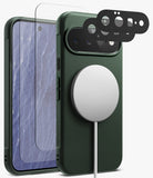 [Bundle] Google Pixel 11 | Onyx Magnetic (GRN) + Screen & Camera Protectors - Dark green protective phone case with a textured leather-like finish, shown with a transparent screen protector and black camera lens protectors, featuring a white MagSafe ring on the back.