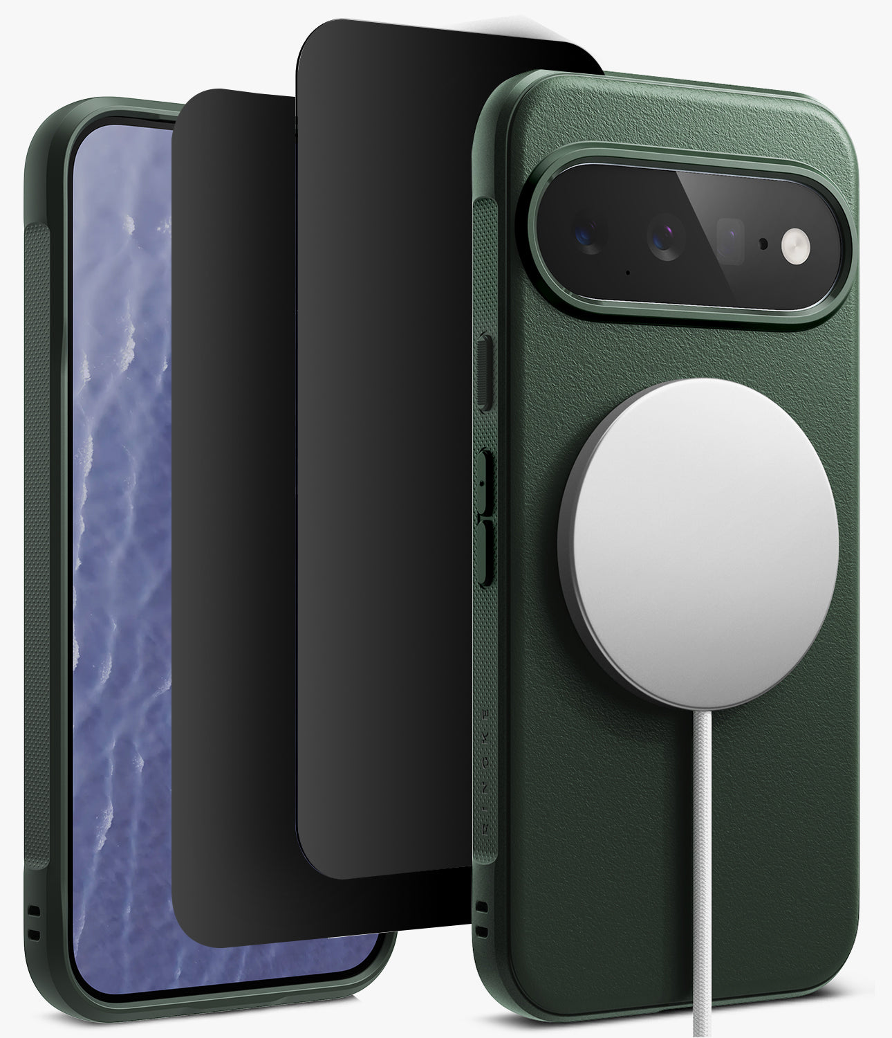 [Bundle] Google Pixel 11 | Onyx Magnetic (GRN) + 360° Privacy Protectors - A dark green textured phone case shown with a white MagSafe-style magnetic ring accessory attached, alongside a black screen protector and a smartphone view, on a clean white background.