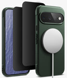 [Bundle] Google Pixel 11 | Onyx Magnetic (GRN) + 360° Privacy Protectors - A dark green textured phone case shown with a white MagSafe-style magnetic ring accessory attached, alongside a black screen protector and a smartphone view, on a clean white background.
