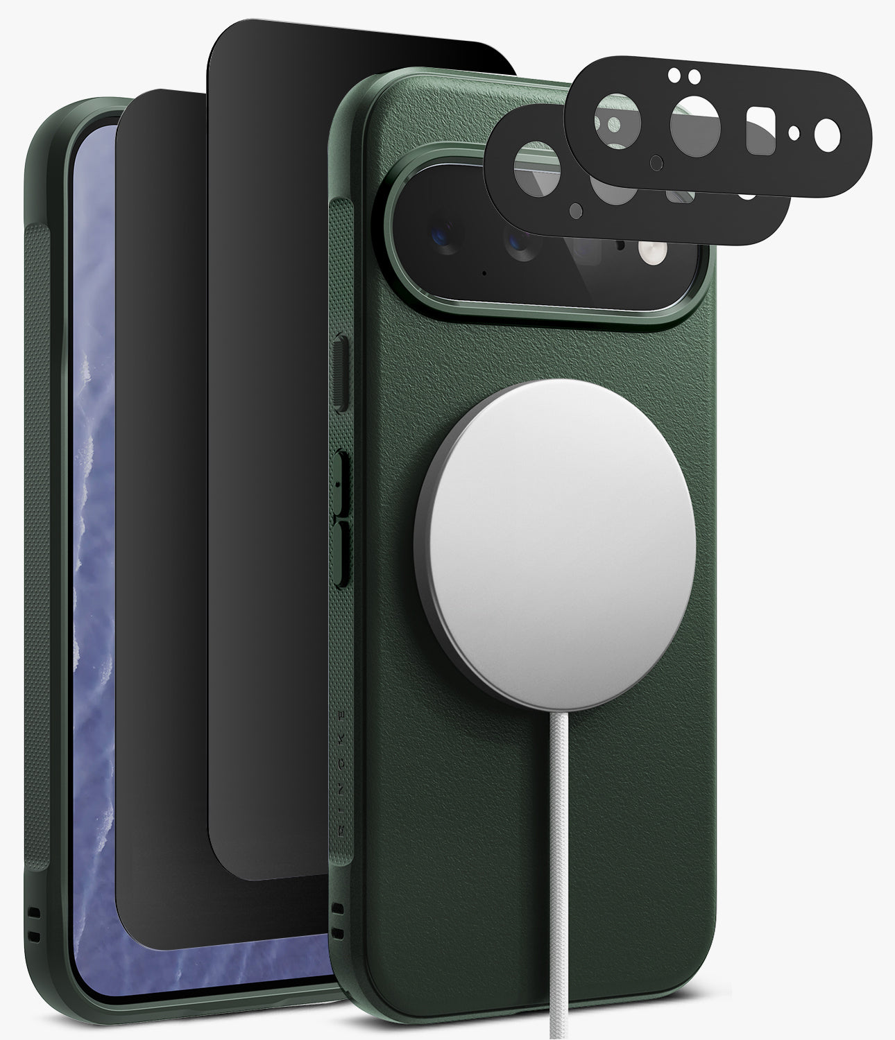 [Bundle] Google Pixel 11 | Onyx Magnetic (GRN) + 360° Privacy & Camera Protectors - Black textured phone case with a MagSafe-compatible circular magnetic ring, shown with a smartphone inside and three black camera lens protector pieces floating above on a light gray background.