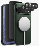 [Bundle] Google Pixel 11 | Onyx Magnetic (GRN) + 360° Privacy & Camera Protectors - Black textured phone case with a MagSafe-compatible circular magnetic ring, shown with a smartphone inside and three black camera lens protector pieces floating above on a light gray background.