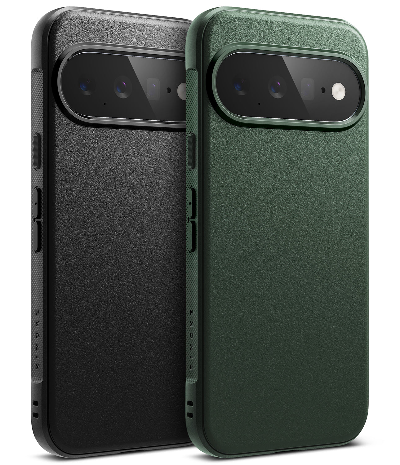 Google Pixel 11 Case | Onyx - Two textured leather phone cases shown from the back, one in black and one in dark green, both with raised camera bezels, on a white background.