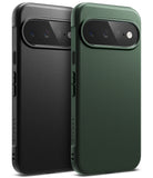 Google Pixel 11 Case | Onyx - Two textured leather phone cases shown from the back, one in black and one in dark green, both with raised camera bezels, on a white background.