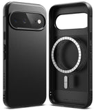 Google Pixel 11 Case | Onyx Magnetic - Two views of a black protective phone case with a textured leather-like back, MagSafe ring, and camera cutout, shown on a white background.