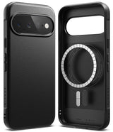 Google Pixel 11 Case | Onyx Magnetic - Two views of a black protective phone case with a textured leather-like back, MagSafe ring, and camera cutout, shown on a white background.