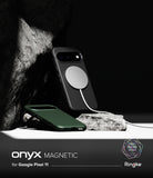 Google Pixel 11 Case | Onyx Magnetic - A dark green magnetic phone case and a black magnetic phone case with a white MagSafe ring, displayed on rocks against a black background. Text at the bottom reads 'onyx MAGNETIC for Google Pixel 11 Pro' with Ringke branding.