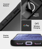 Google Pixel 11 Case | Onyx Magnetic - A black protective phone case shown in a multi-panel feature graphic. The panels highlight covered buttons, an inside magnetic ring, wireless charging compatibility with the Google Pay logo, and precise cutouts for ports.