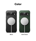 Google Pixel 11 Case | Onyx Magnetic - Color options for a phone case shown on a white background, labeled 'Color' at the top. Two cases are displayed side by side: a matte black case on the left and a dark green case on the right, each with a circular MagSafe ring.