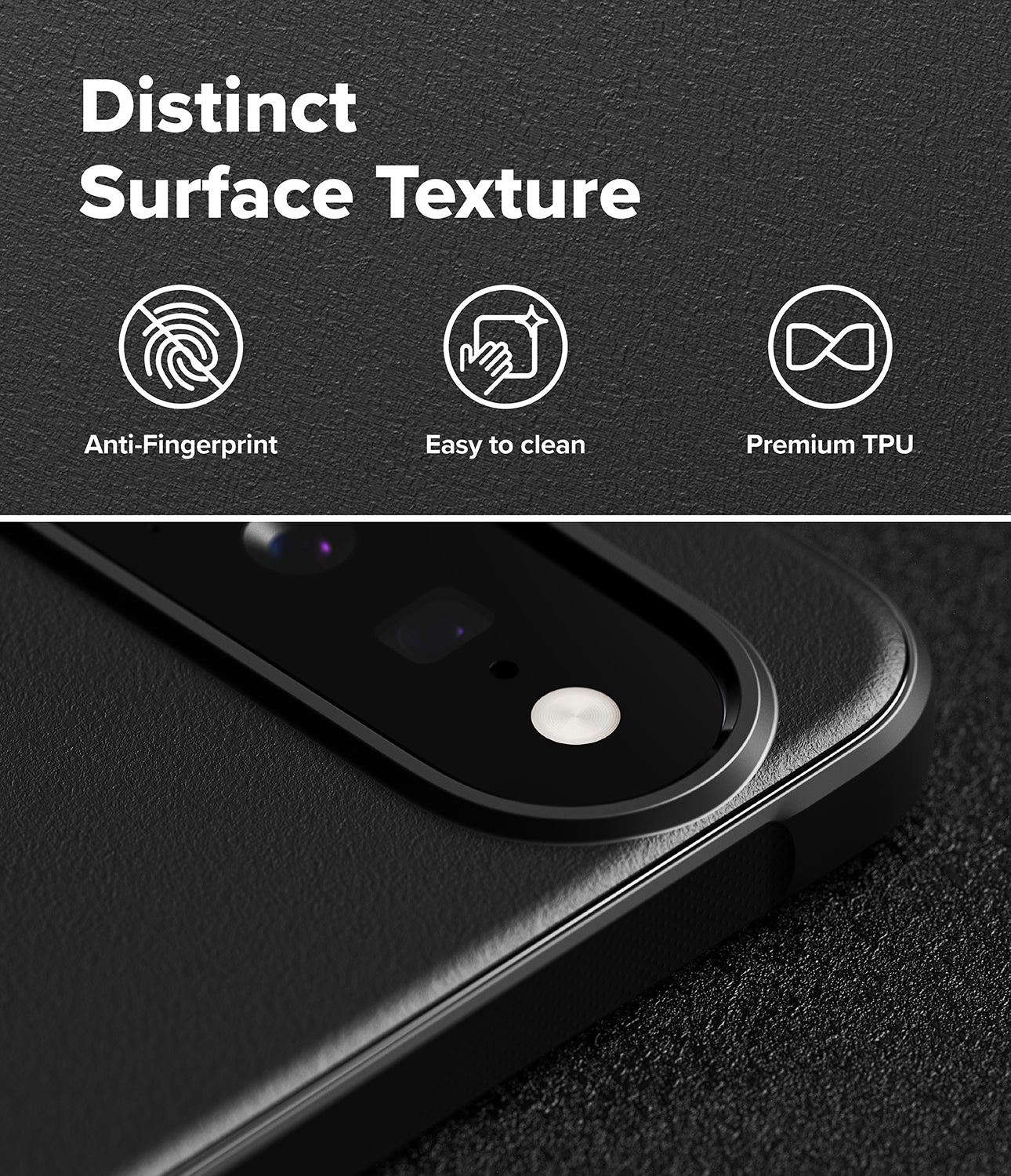 Google Pixel 11 Case | Onyx Magnetic - Close-up of a black phone case with a raised camera bezel and a circular cutout, shown on a dark textured background with marketing text reading 'Distinct Surface Texture,' 'Anti-Fingerprint,' 'Easy to clean,' and 'Premium TPU.'.