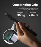 Google Pixel 11 Case | Onyx Magnetic - A hand holding a slim black smartphone case against a dark gray background, with marketing text reading 'Outstanding Grip' and a circular inset showing the textured grip detail. The text lists weight as 36.