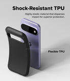 Google Pixel 11 Case | Onyx Magnetic - Two phone cases shown on a light gray studio background with marketing text: a black case labeled 'Shock-Resistant TPU' in front and a lavender phone inside a case labeled 'Flexible TPU' behind it. No person, animal, or real environment is present, so this is Product/Packaging rather than Lifestyle.