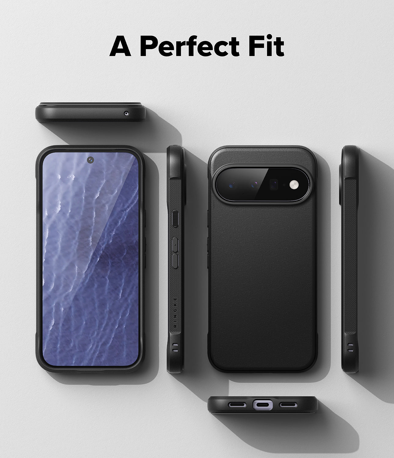 Google Pixel 11 Case | Onyx Magnetic - A black protective smartphone case shown from multiple angles on a light gray background, with the text 'A Perfect Fit' at the top. The views include the back with a large camera cutout, side profile, front with a phone inserted, and a bottom view showing a charging port.